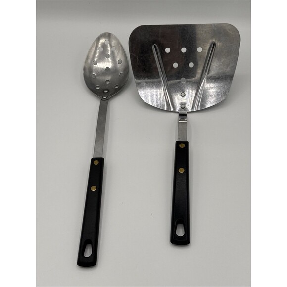 Vintage Spatula Lifter & Slotted Spoon Set Stainless Steel USA 1960s Wood Handle - Picture 2 of 9